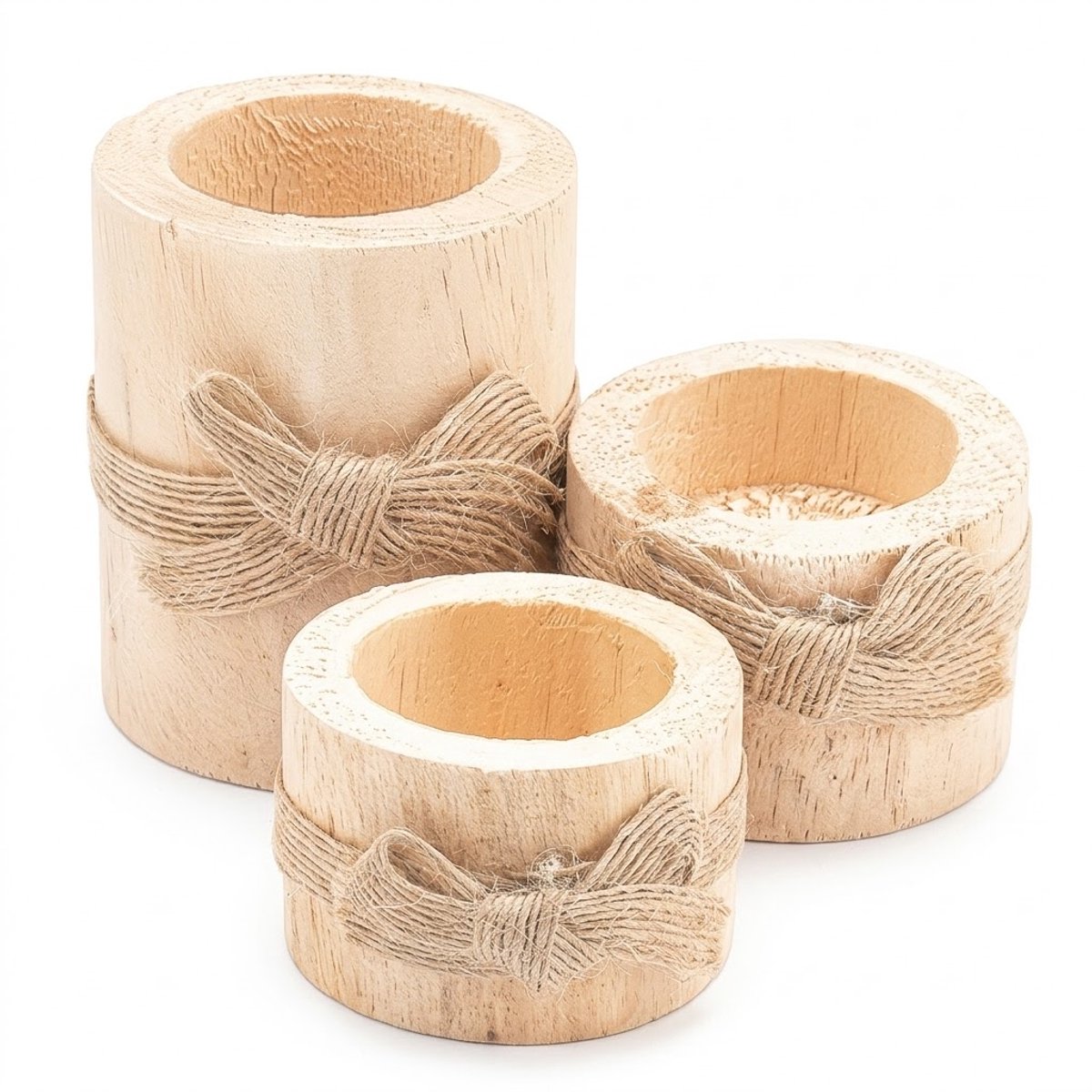 NUVEX Lichtbruin hout waxinelichthouders set van 3 ronde theelichthouders met touw strik rustieke kaars houders decoratief voor tafel en interieur geschikt voor dames en heren Light brown