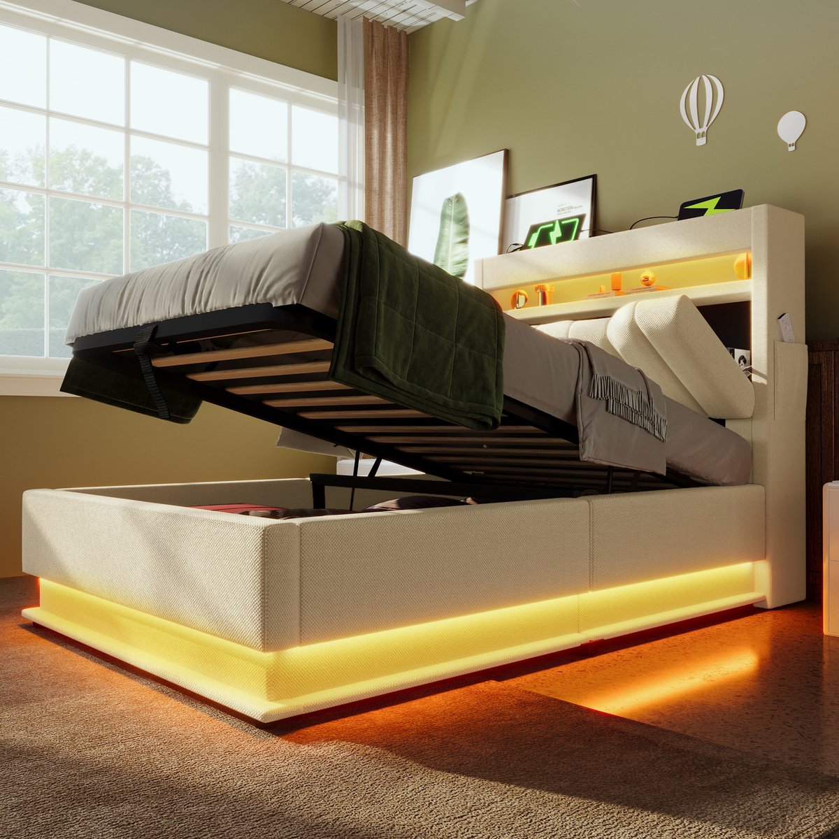Wishdor Eenpersoonsbed 90x200 cm – LED 60.000+ Kleuren & USB‑C Snellader – Hydraulische Opbergruimte – Linnen Beige