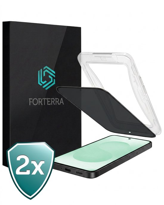 Zwarte Forterra verpakking met 2 privacy screenprotectors en een transparante installatiehulp voor een Samsung telefoon.