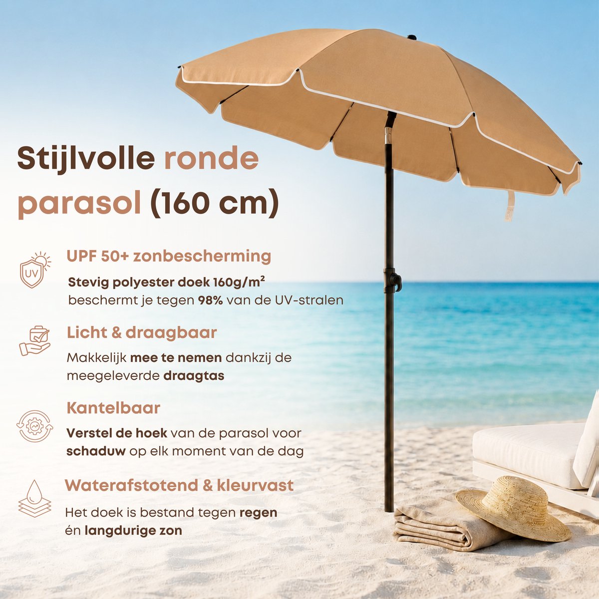 ACAZA Parasol - Strandparasol - Zandbruin - 160 cm diameter - inclusief Draagtas - Rond - Tuinparasol - Kantelbaar - Waterdicht - Terras Parasol voor Appartement - Parasol Strand - Tot 2 Personen – foto 2