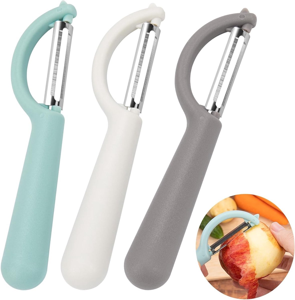 Set van 3 Universele Schillers voor Fruit en Groenten, RVS Aardappel-, Asperge- en Komkommerschiller in Grijs, Beige en Blauw, 16.8 x 3 cm