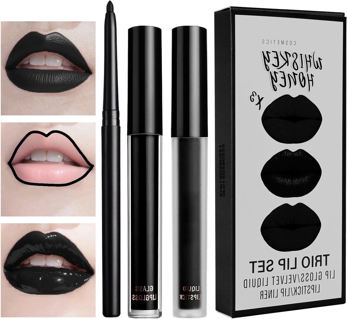Zwarte Matte Lippenstift Set, 3-in-1 Lippenstift met Lipgloss en Lipliner, Waterproof en Langdurige Matte Finish voor Perfecte Lippen
