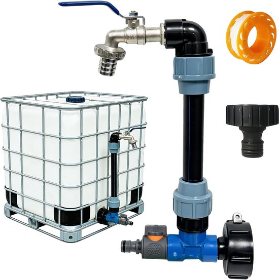 Kit de robinetterie IBC 2-en-1 - Col de cygne 3/4" & Robinet à bille - Pour réservoir d'eau 1000L, récupérateur d'eau de pluie, arrosage de jardin