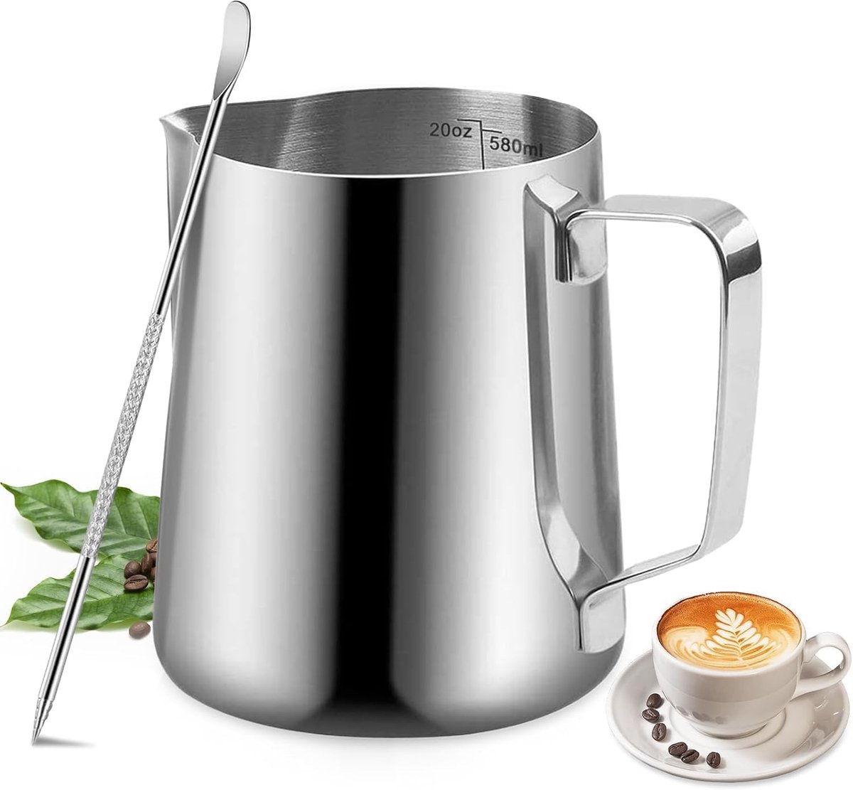 Melkopschuimkan RVS 600ml – Barista Melkkannetje met Maatverdeling & Latte Art Pen – Melkkan voor Cappuccino, Latte Macchiato & Espresso – RVS Melkopschuimer Kan – Koffie & Barista Accessoires
