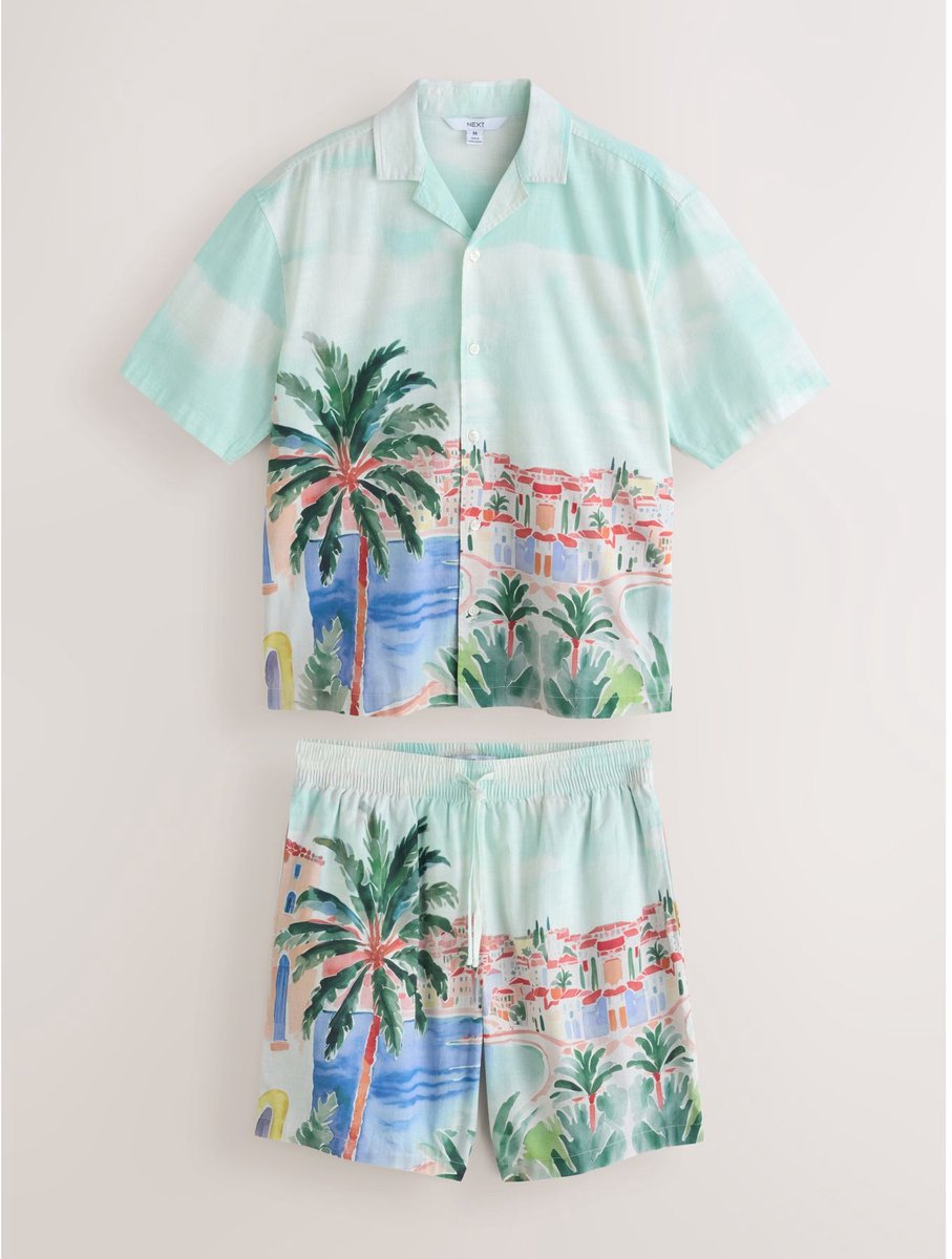 Next - Heren - Set van geweven overhemd en short - Blauw