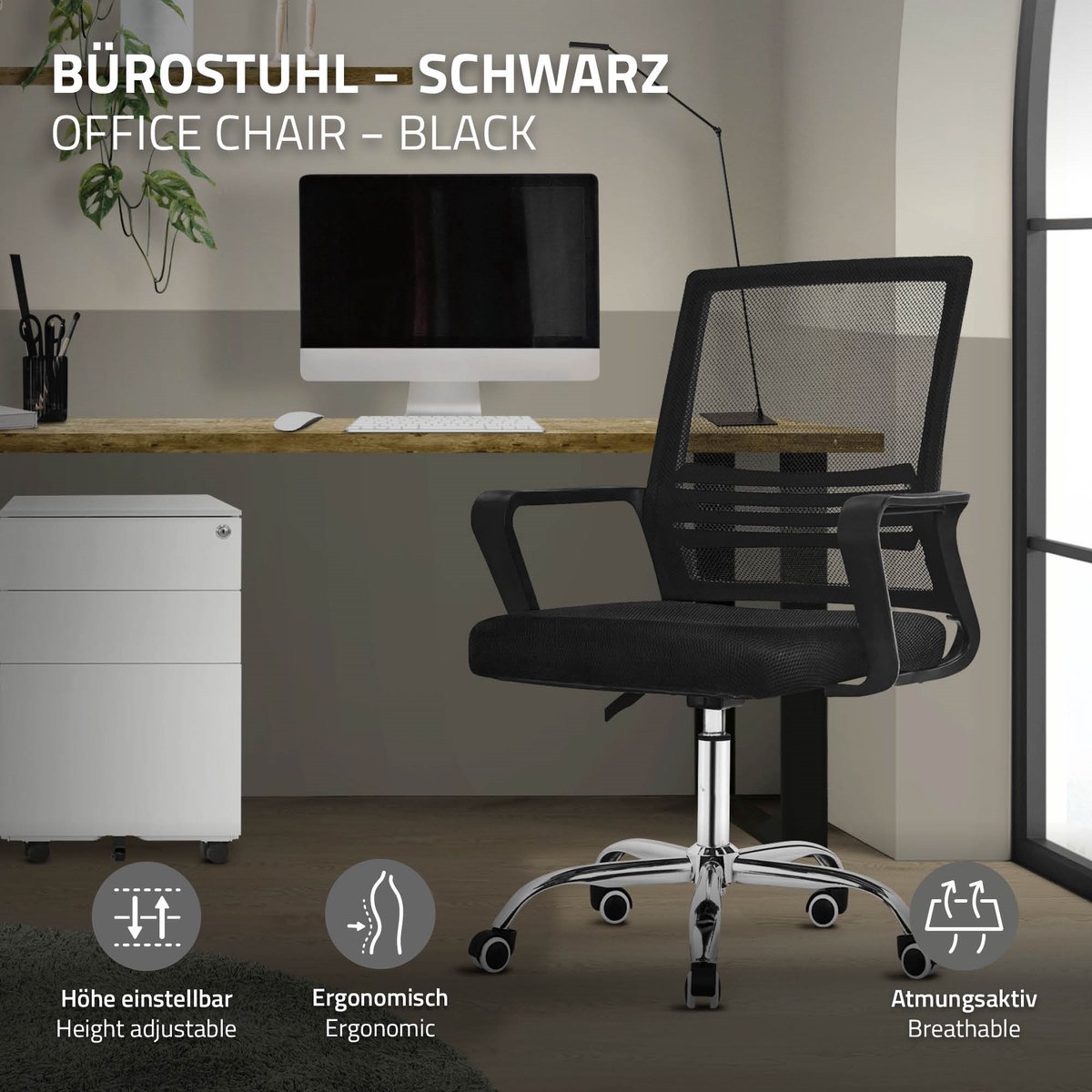 Ergonomische bureaustoel, zwart, in hoogte verstelbare bureaustoel met armleuningen, wielen, computerstoel 360° draaibare stoel gaming stoel ML-Design thumbnail 6