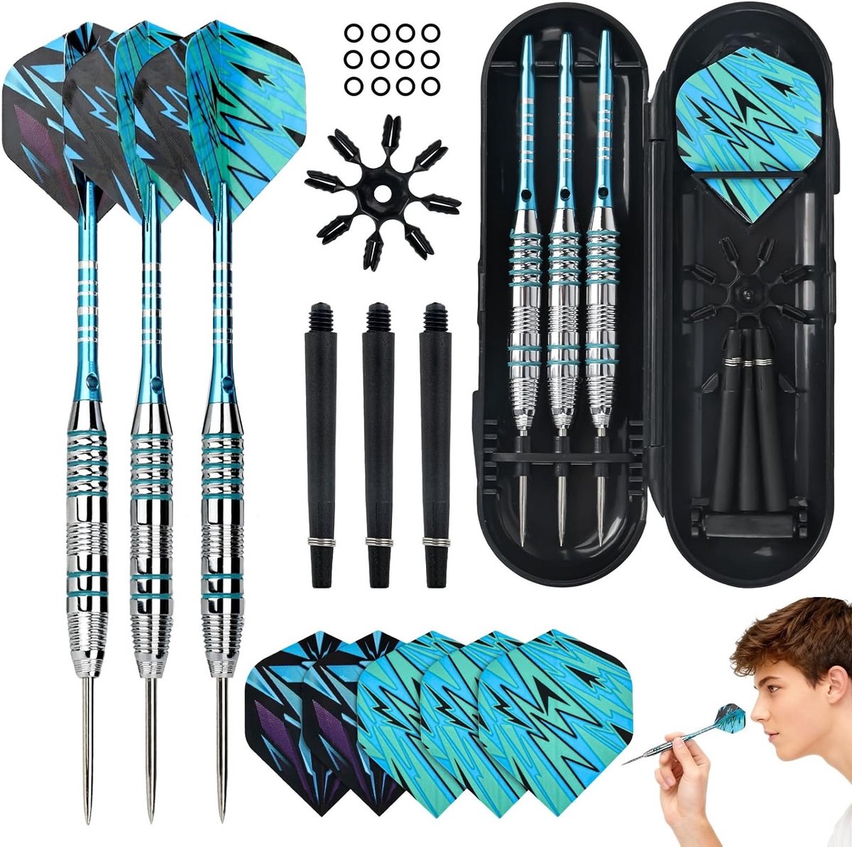 Professionele set van 3 stalen darts met metalen punt, aluminium schacht en extra accessoires voor optimale prestaties