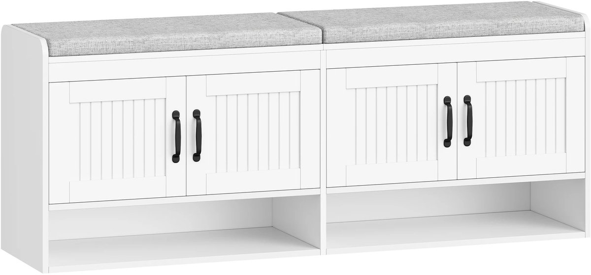 CINK Living® Schoenenbank met Opbergruimte - Witte Schoenenkast met Zitkussen & Deuren - Halbank met Verstelbare Planken - 140 cm
