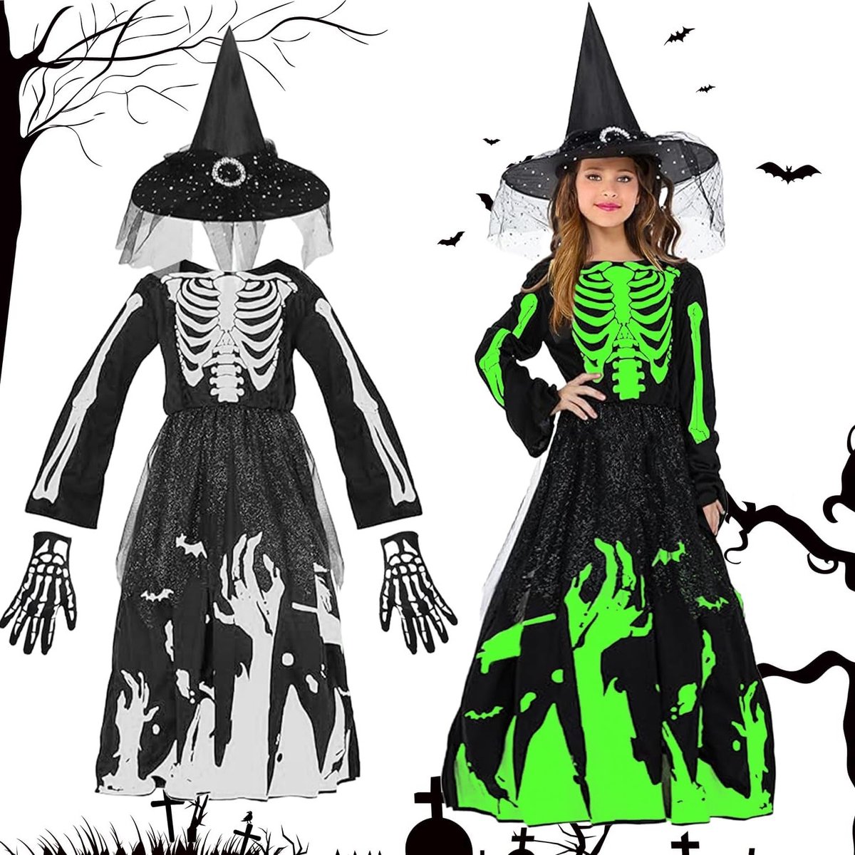 Halloween Kostuum voor Meisjes met Heksenhoed en Skeletontwerp - Perfect voor Feestjes en Verkleedpartijen