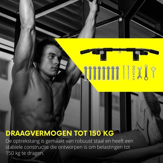 Man hangend aan een optrekstang. Een close-up van de optrekstang met schroeven en gereedschap. Tekst: Draagvermogen tot 150 kg.