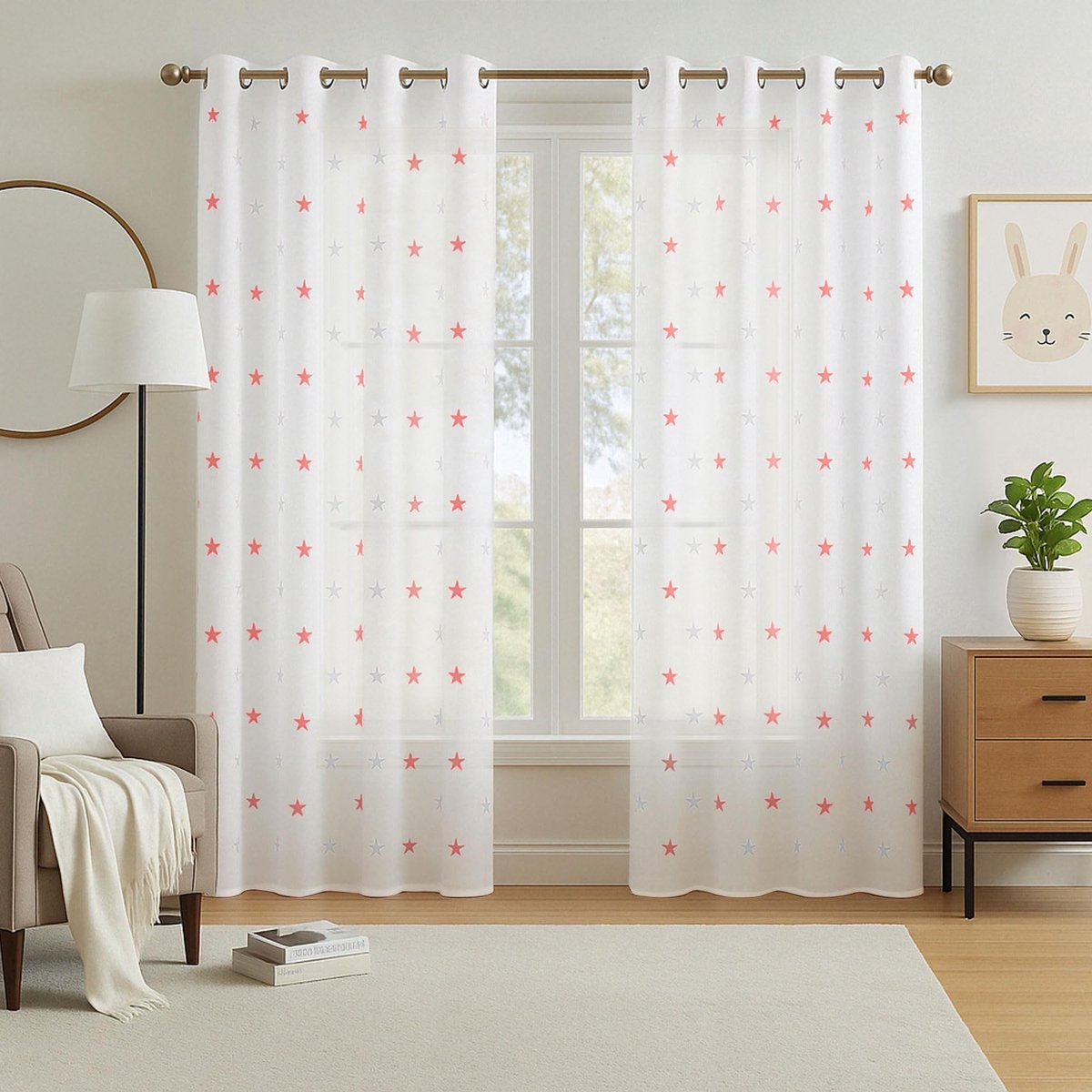 Dailygoody - Gordijnpanelen - Semitransparant - Ster Borduurwerk - Dieporanje - Polyester - Set van 2 - Geschikt voor Slaapkamer - 140x290cm
