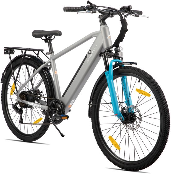 Grijze elektrische fiets met bagagedrager, bagagedrager en blauwe voorvork, van voren gezien.