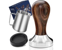 Professionele Koffietamper Set 51 mm met Mat en Melkkannetje van 350 ml - RVS Espresso Tamper met Houten Handvat voor Barista Koffie bereiden