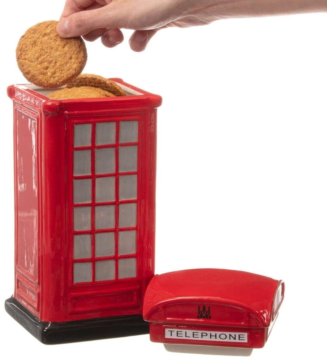 Dailygoody - Telefoon Box - Retro Koekjespot - Keramiek Rood - Nostalgisch Design - Perfect voor Koekjes - 12 x 12 x 28cm