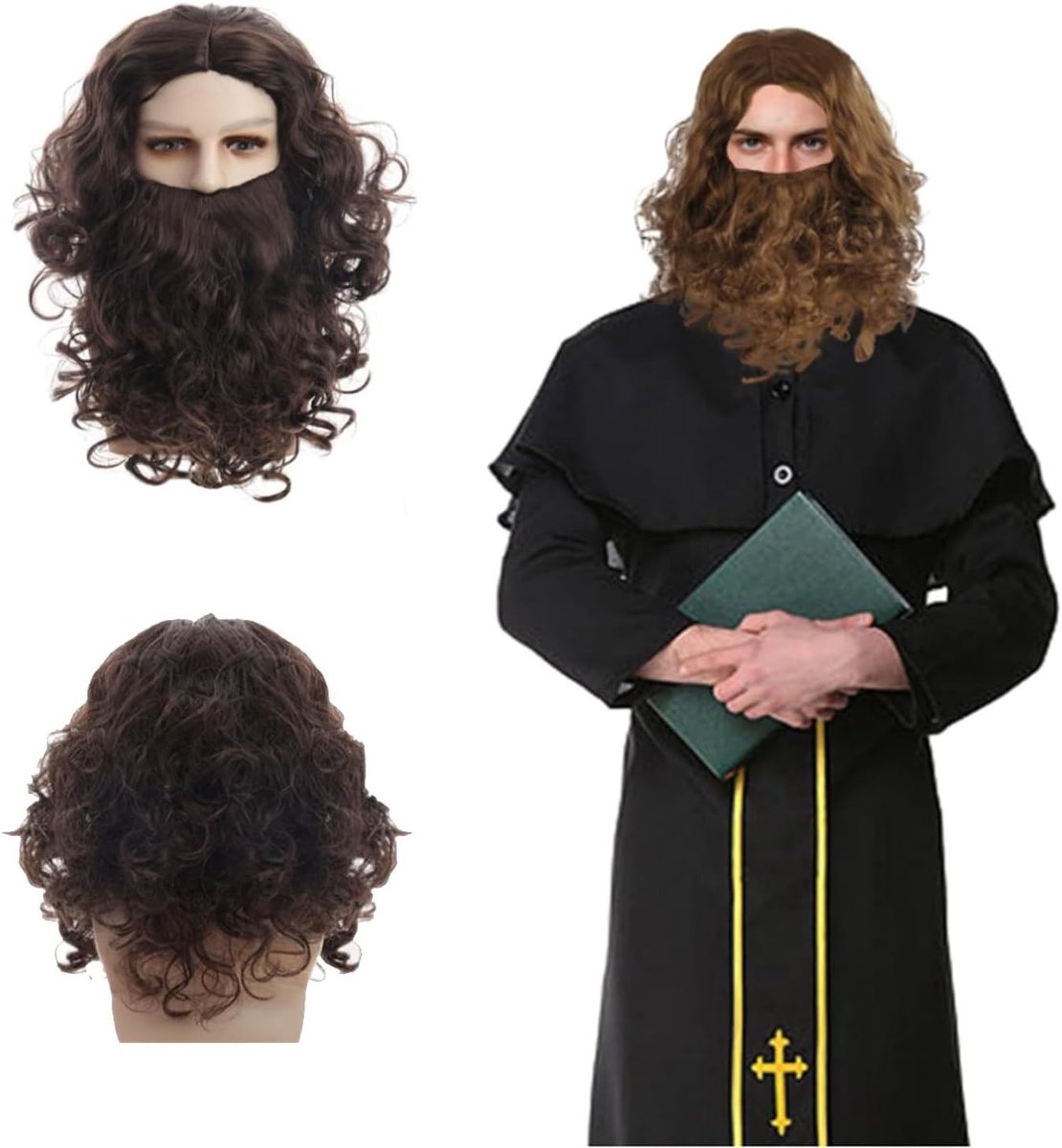 Langbruin Cosplay Peruk en Baard voor Mannen - Jezus Kostuum met Lange Krullen voor Halloween en Carnaval