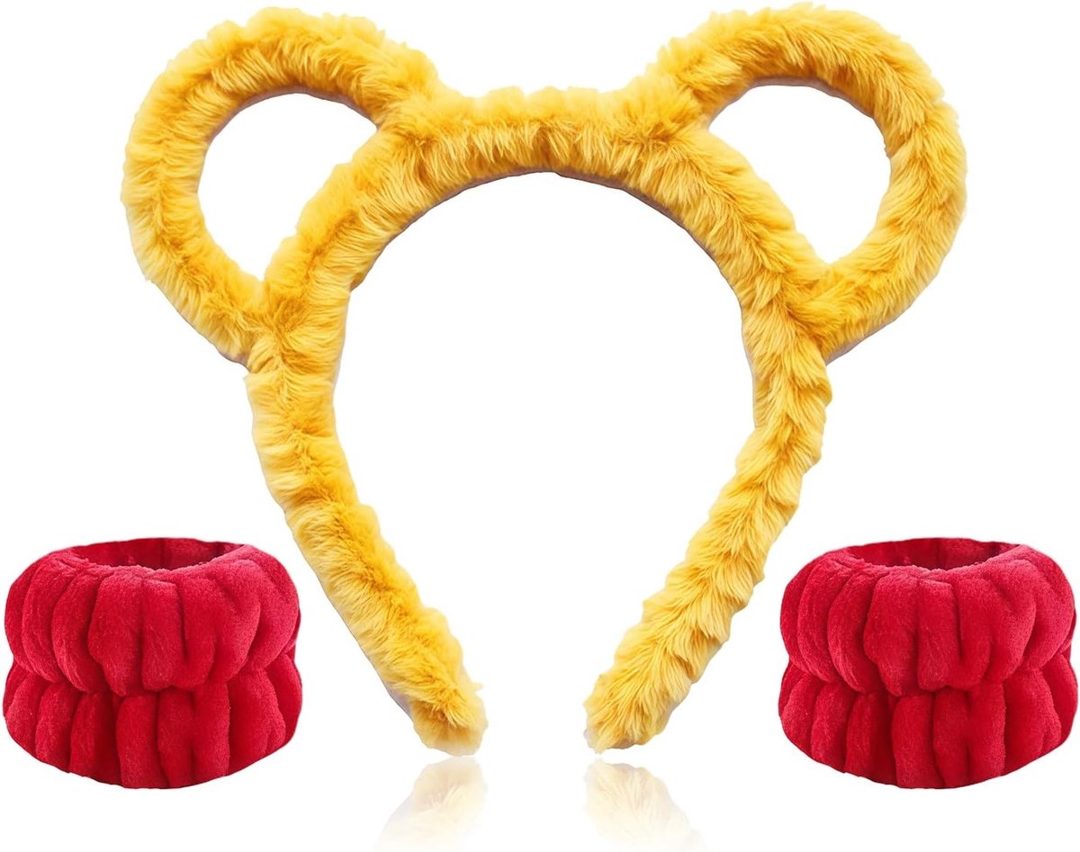 Fluffy Cartoon Beeroren Haarband en Rode Polsbanden voor Volwassenen - Perfect voor Carnaval en Cosplay Accessoires