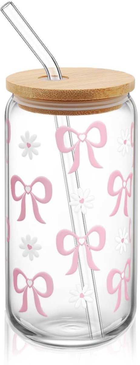 Dailygoody - Drinkglas - Aesthetic Clean Girl - Roze strik - Inclusief rietje en borstel - Herbruikbaar - Voor thuisgebruik - XL