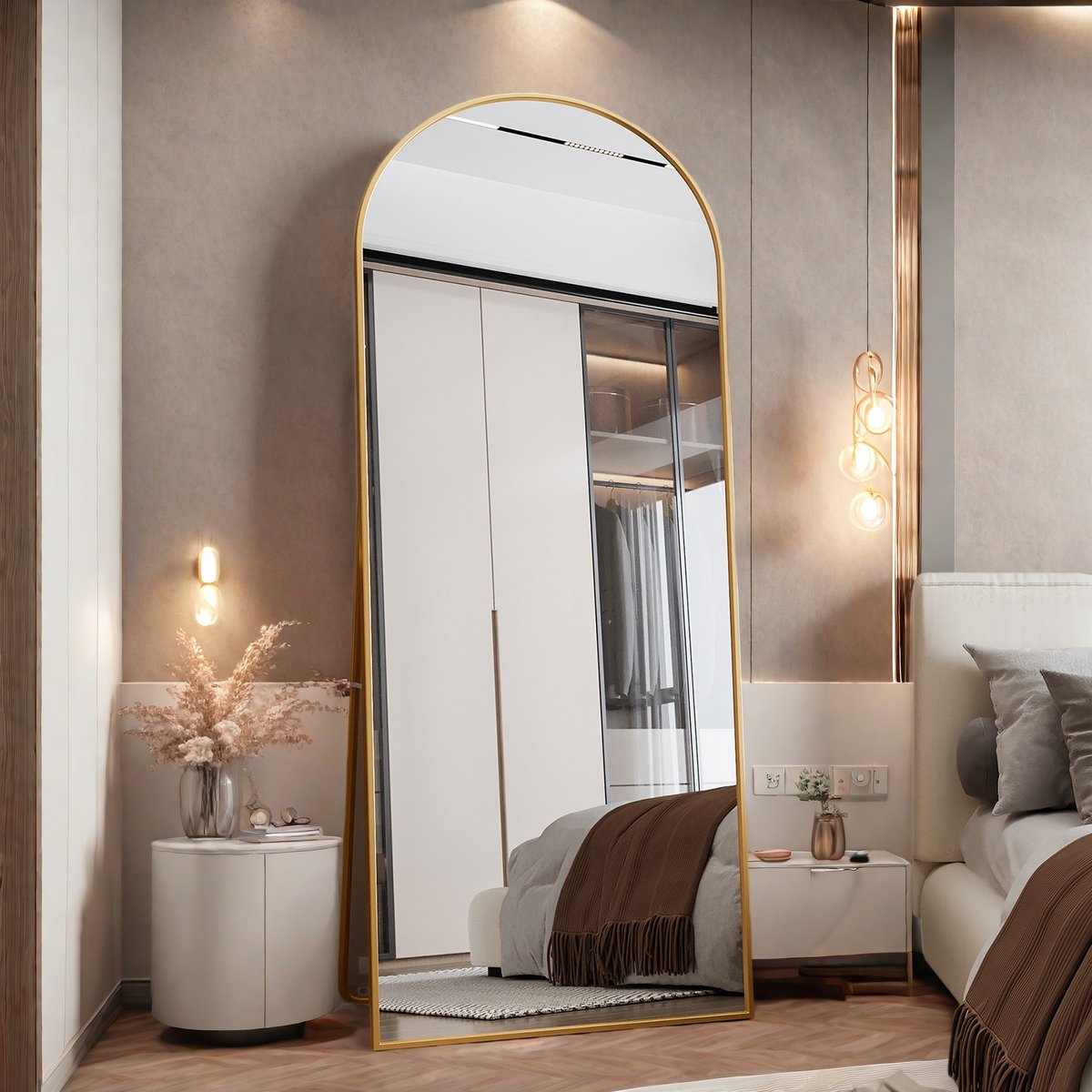 Arched Full-Length Mirror, Gold Aluminium Frame, 180x80cm, Shatterproof Glass, Freestanding
