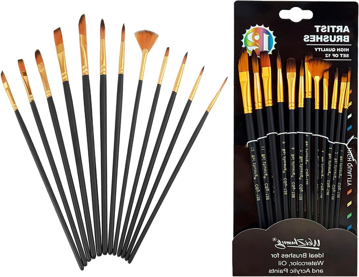 Set van 12 Waterverf Penselen, Fijne Acryl Penselen voor Kinderen, Geschikt voor Beginners en Feestjes