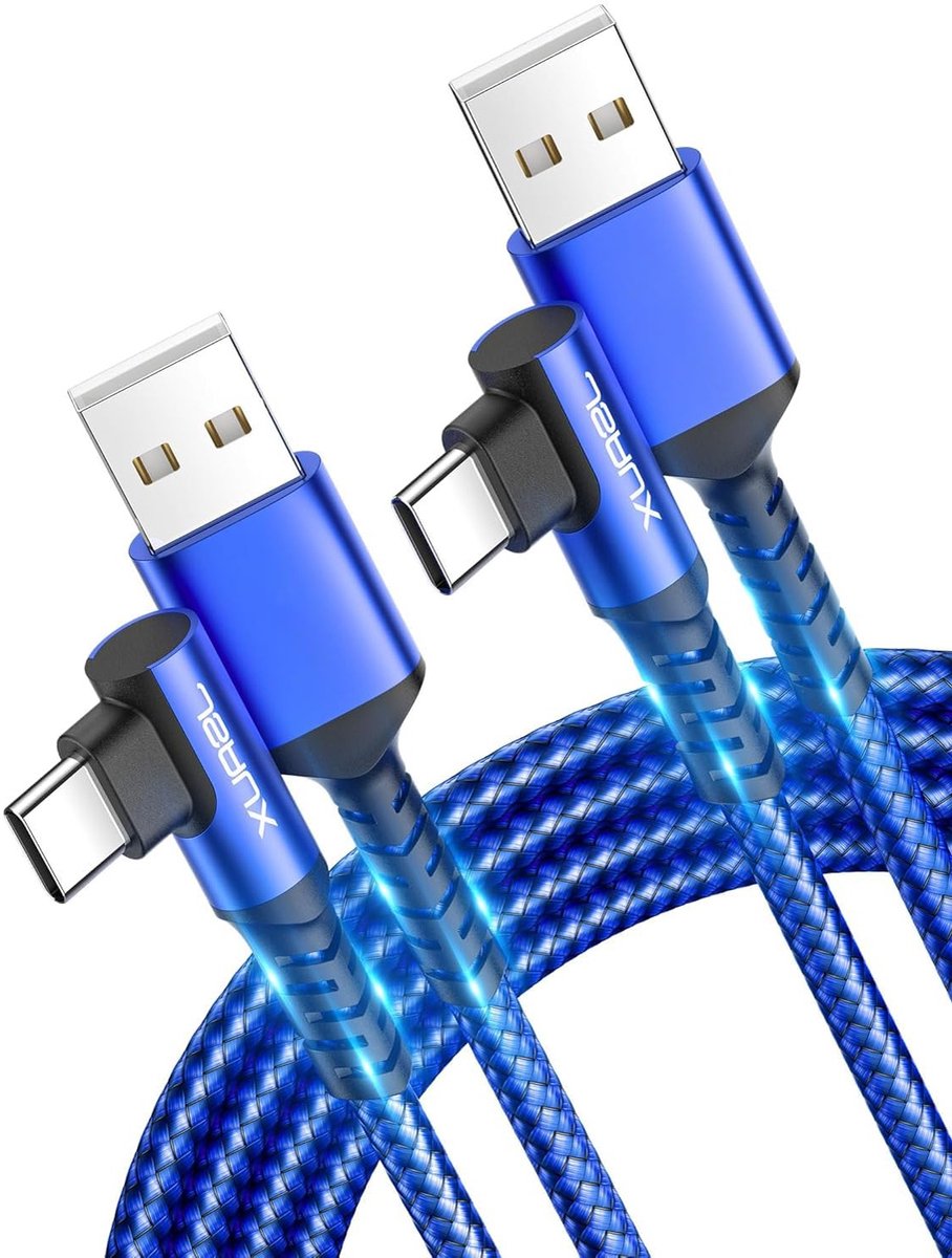 USB C Kabel 2 Stuks 2M 3.1A Snelladen, 90 Graden Hoek, Compatibel met Samsung Galaxy en Xiaomi Redmi Note 11 10