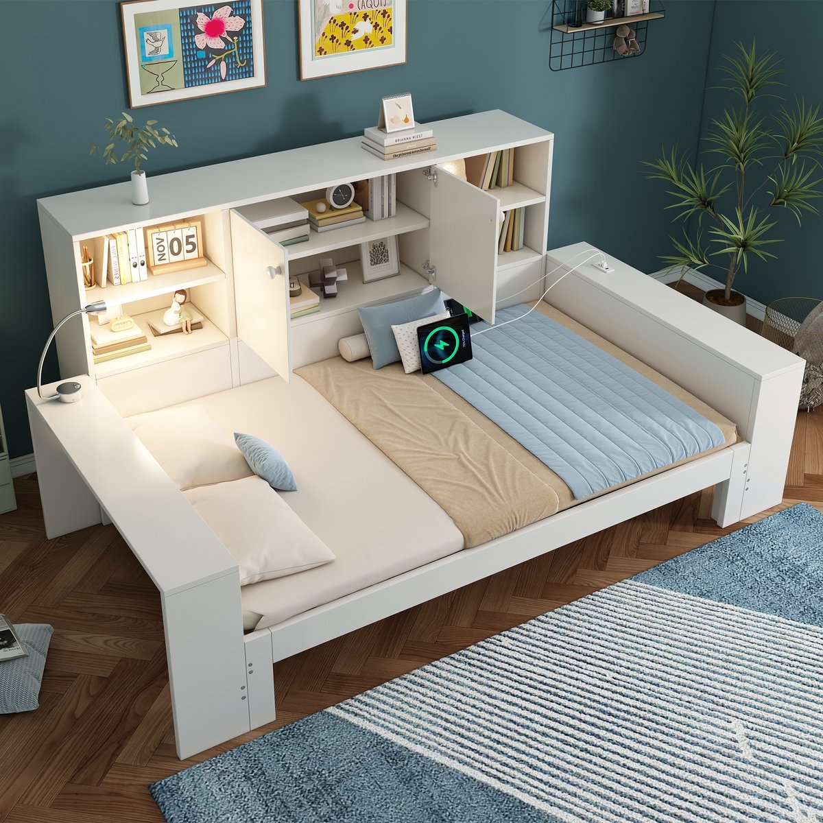 Sweiko Slaapbank - 90 x 200 cm - Met uitschuifbaar bed - USB/Type-C - Opbergruimte - Wit