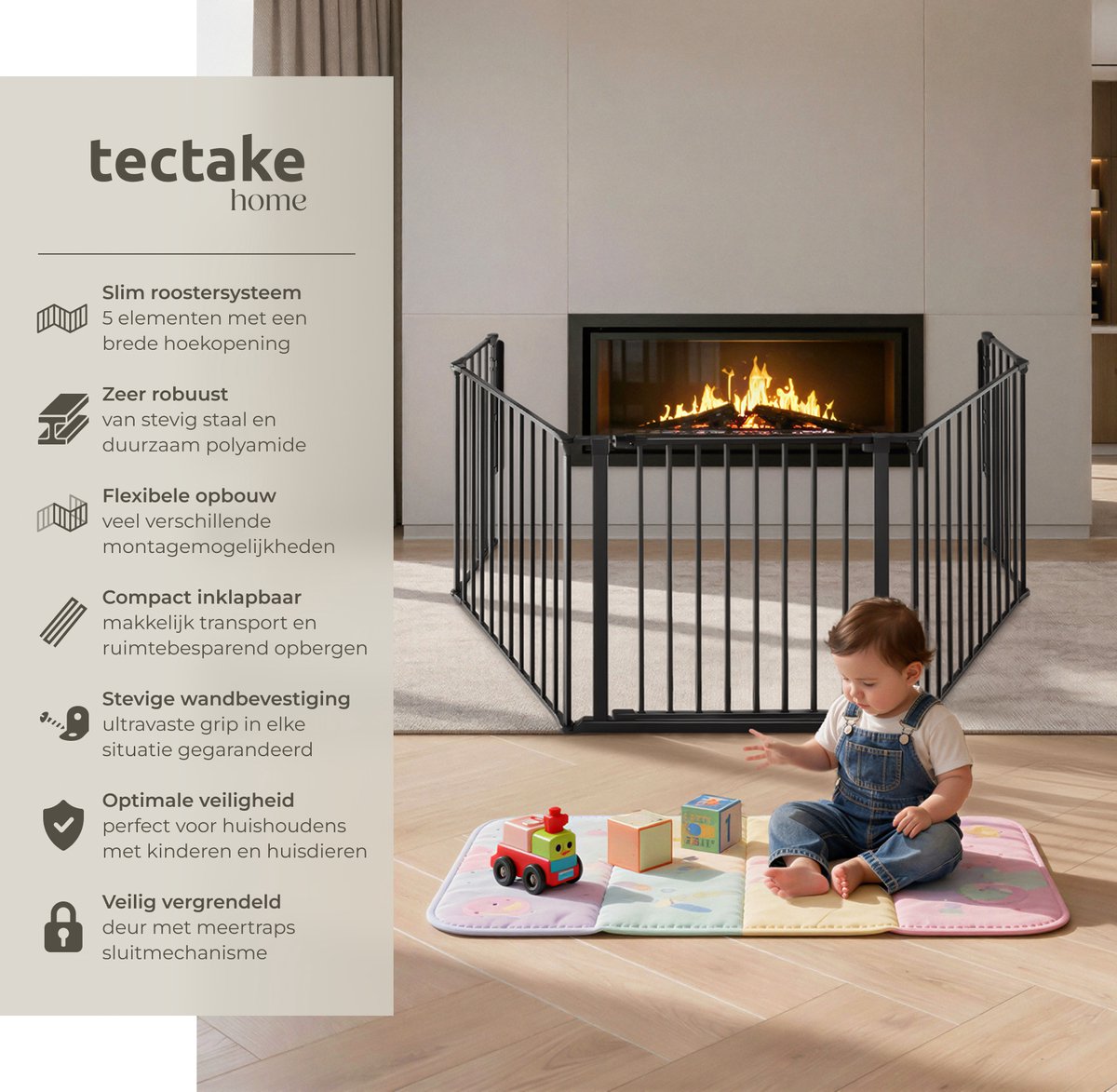 tectake® Haardhek - Veiligheidshek - Haardscherm - Kachelhek van Metaal - Openhaard Hek - Ook te gebruiken als Hondenhek, Kinderhek, Scheidingswand en Traphekje - met 5 Elementen - Deur met Veiligheidsslot - Zwart – foto 2