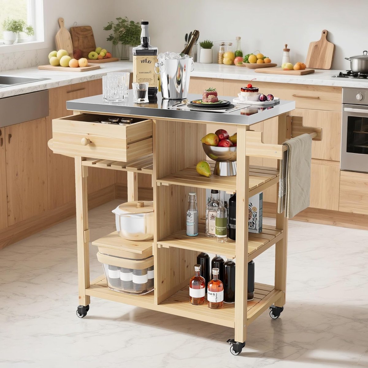 Houten draagbare keukentafel / Outdoor-grillkar, roestvrijstalen blad, lade en 4 open planken | Verplaatsbaar keukeneiland op wieltjes voor terras en tuin, 80 x 45 x 92 cm