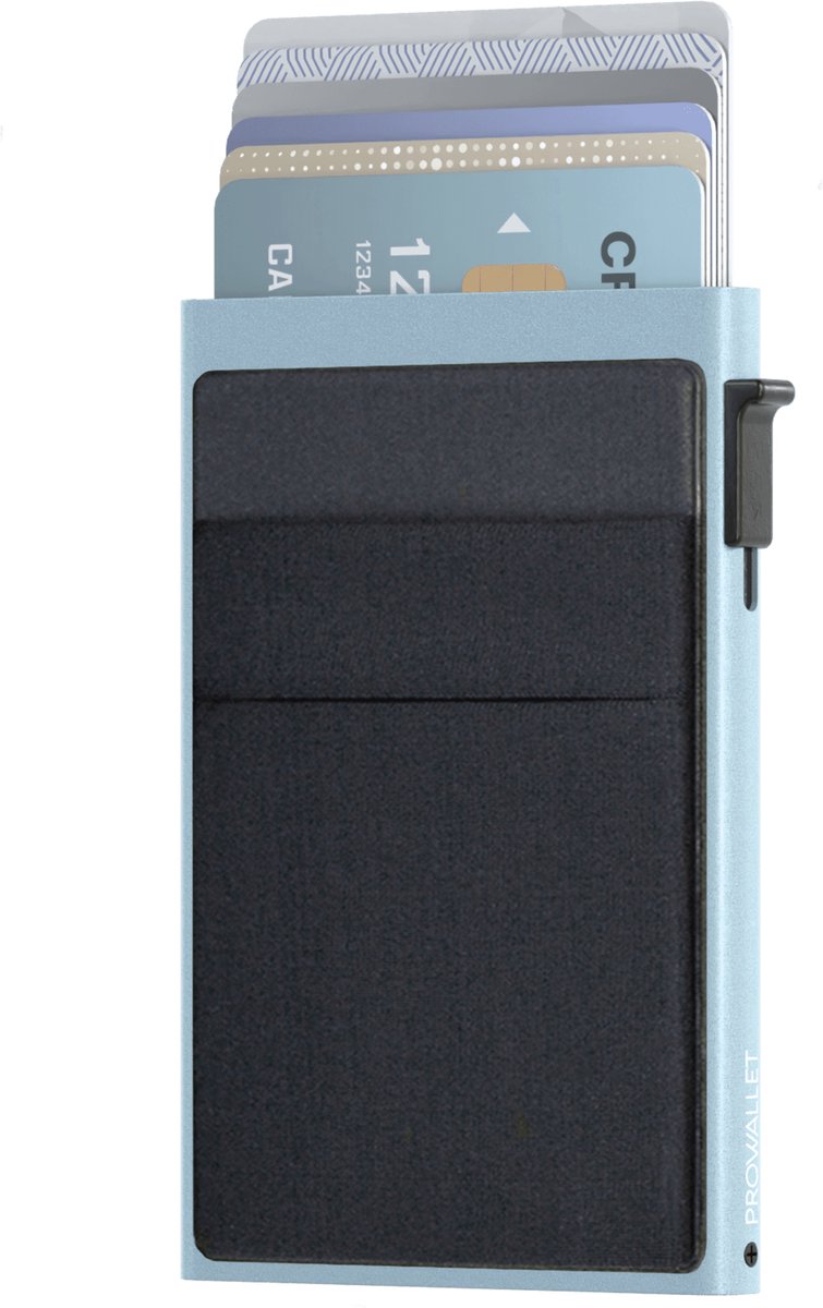 Prowallet Secure Deluxe - Pasjeshouder Blauw - 6 Pasjes, Briefgeld en Muntgeld - Uitschuifbaar - RFID Creditcardhouder - Kaarthouder Portemonnee, Premium Pashouder voor Mannen & Vrouwen - Hoogwaardig Aluminium - Incl. Luxe Cadeaubox