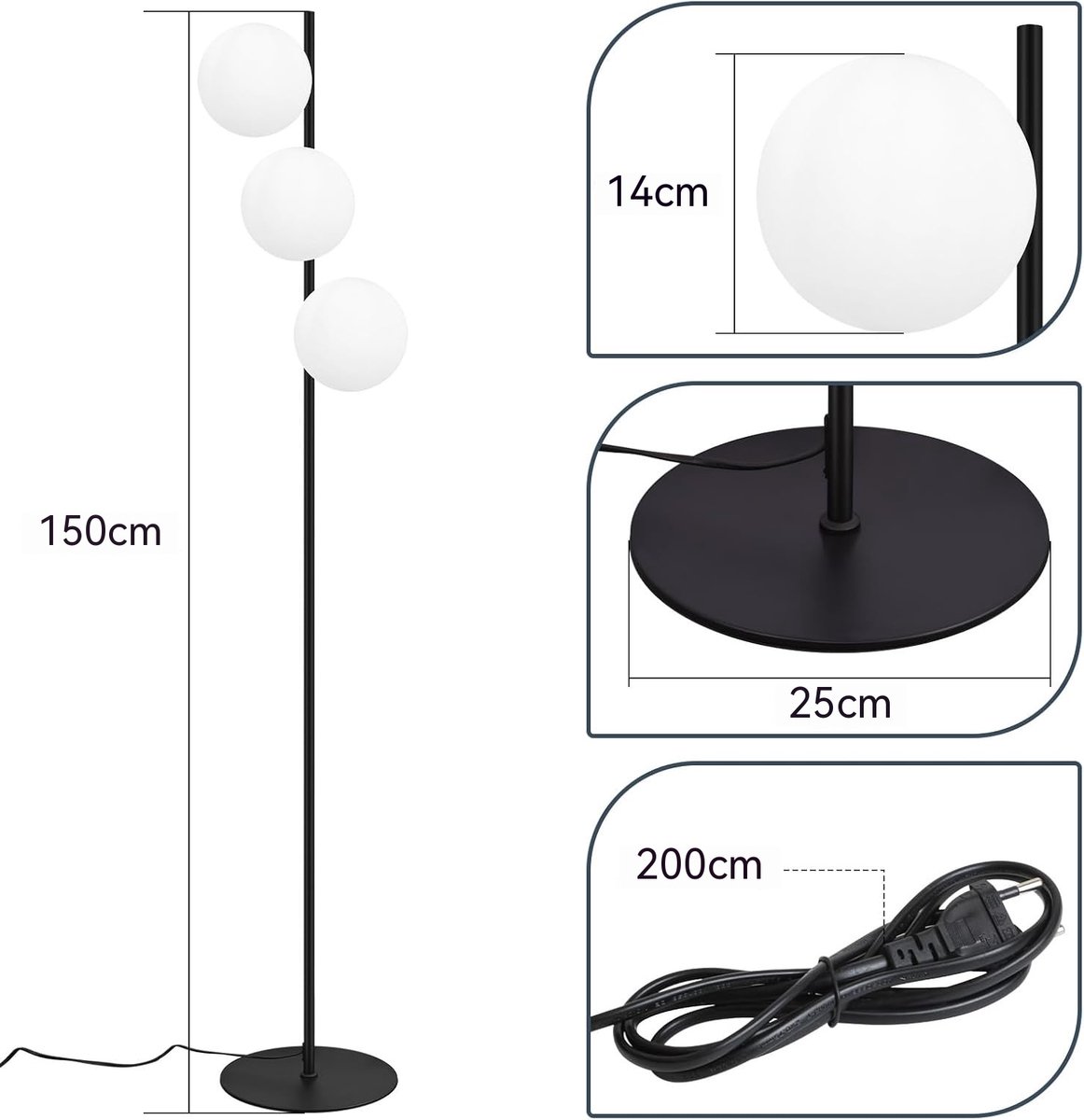 Glitzerlife - Moderne Industriële Vloerlamp - Zwart Staande Lamp - 3 Lichtbronnen - Vintage Design - E27 Voetlamp - Retro Vloerlamp - Metaal en Glas - Voor Woonkamer en Slaapkamer -150cm thumbnail 5