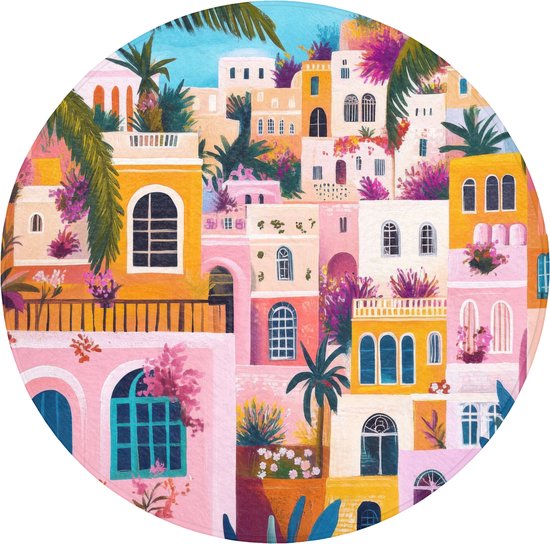 Badmat rond 70x70 cm - Antislip - Kleurrijk - Roze - Oranje - Geel - Bloemen - Badmatten voor badkamer - Badkamermat - Douchemat - Ronde badkamer mat