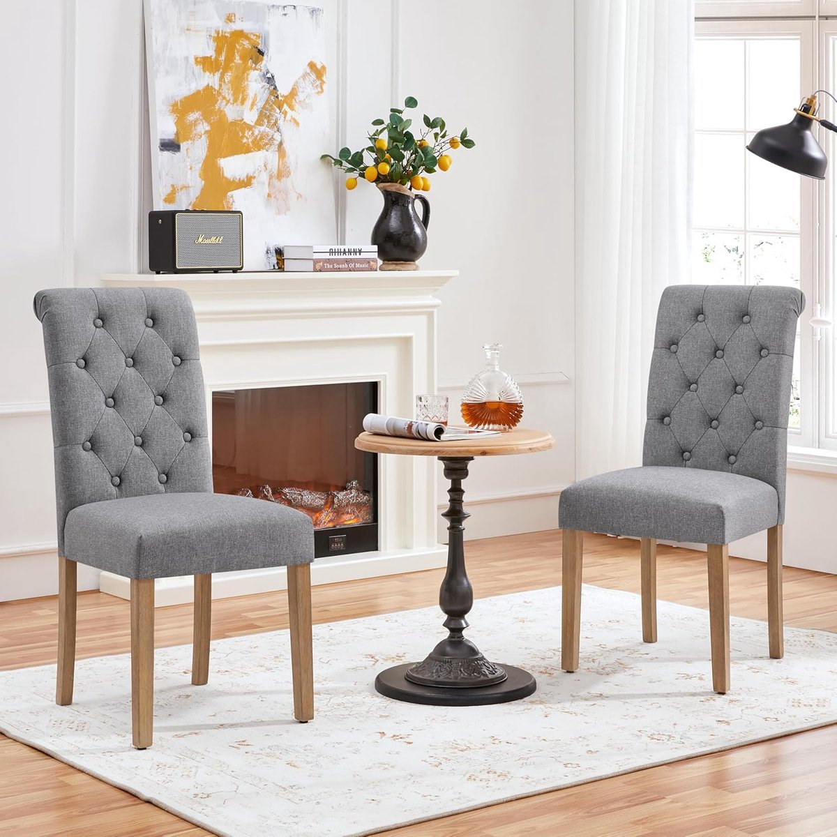 Nordic Luxe Gestoffeerde Eetkamerstoelen Set van 2 – Donkergrijs Linnen met Massief Houten Poten & Hoge Rugleuning – 62 x 45,5 x 98,5 cm