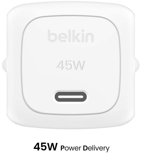 Witte USB-C-wandlader, met 'belkin 45W' en USB-C-poort aan de voorkant.
