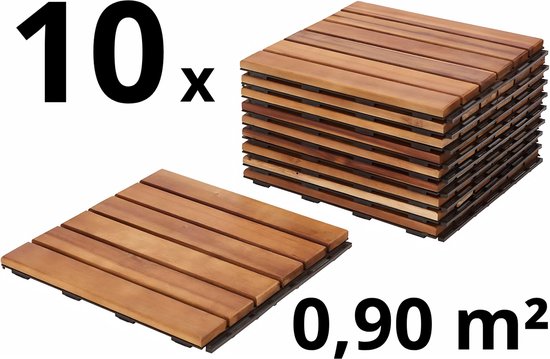 Terrastegels - Acaciahout - 10 Stuks - 0.90 m² - Bruin - 6 Latjes - Vlondertegels - Balkontegels - Makkelijke en Snelle Montage