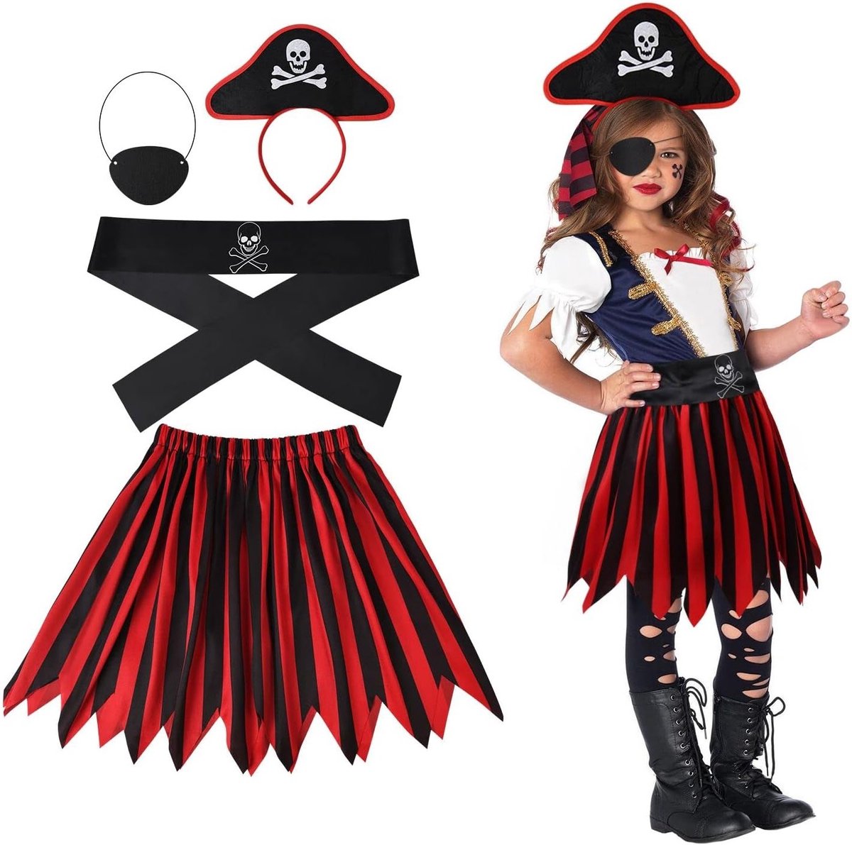 Piratenkostuum voor Kinderen Meisjes met 4 Accessoires, Perfect voor Verkleedpartijen, Halloween en Carnaval
