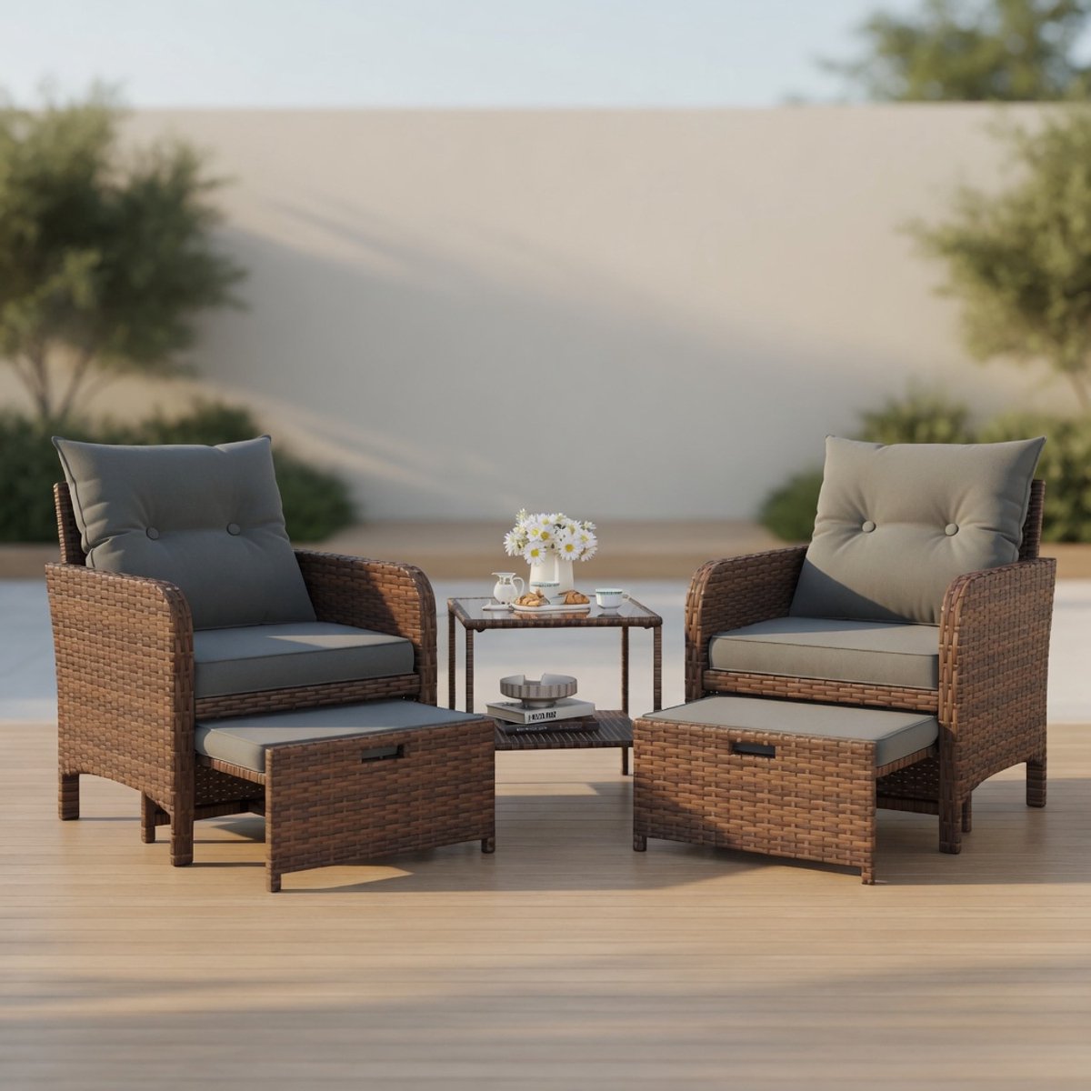 Luxe Polyrattan Loungeset 5-Delig met 2 Fauteuils, 2 Hockers, Koffietafel & Dikke Kussens Bruin Zwart Balkonset – Mobili Bella