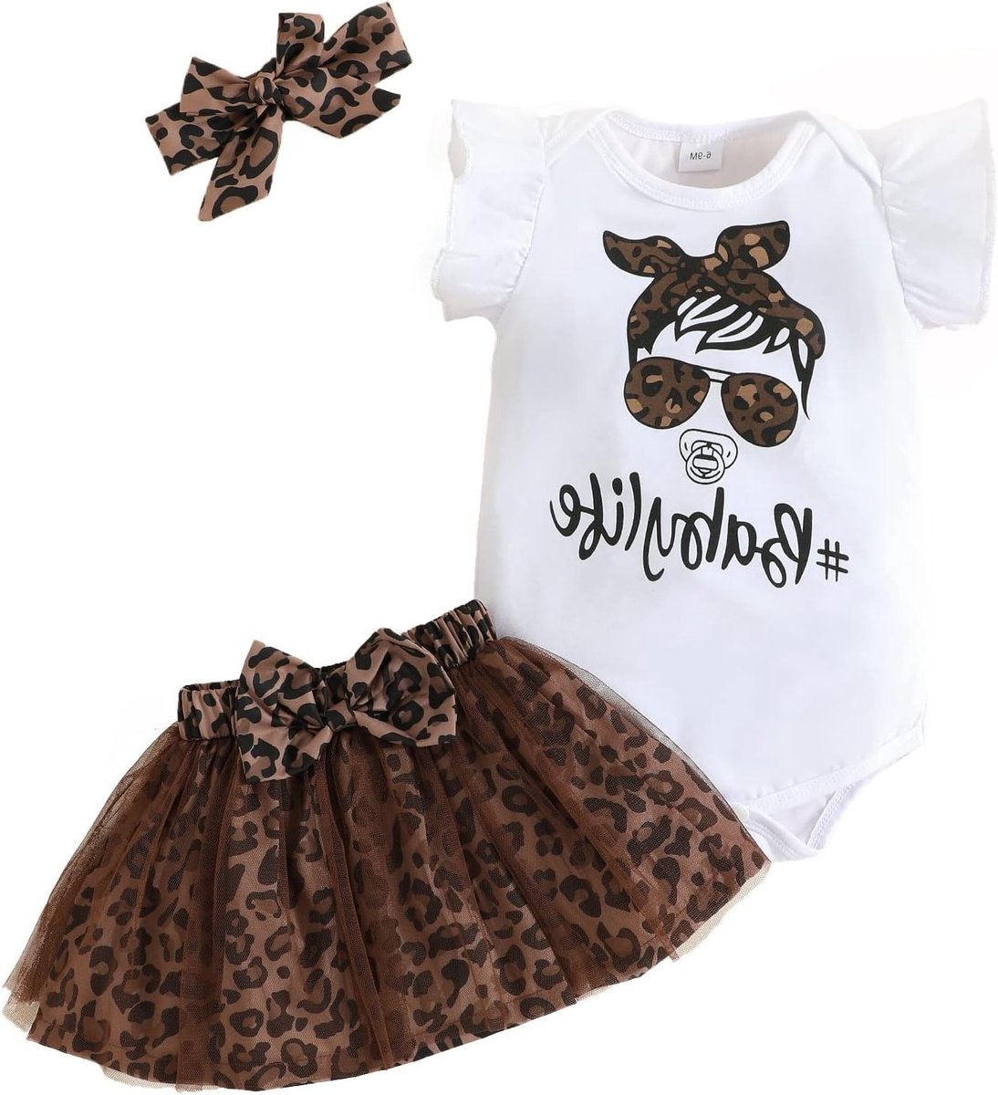 3-delige Baby Set voor Meisjes: Korte Mouwen Romper, Luipaardpatroon Rok en Haarband voor 0-24 Maanden, Perfect voor de Zomer
