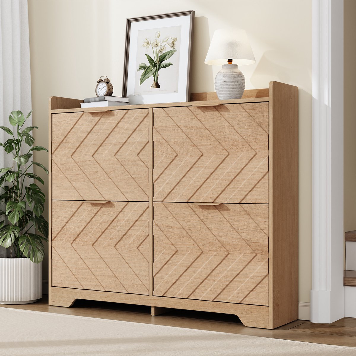 MIVRAY Schoenenkast - 4 Klepvakken En 3D Front - Ruimtebesparend Voor Hal En Entree - MDF Naturel - 105x24x90 Cm