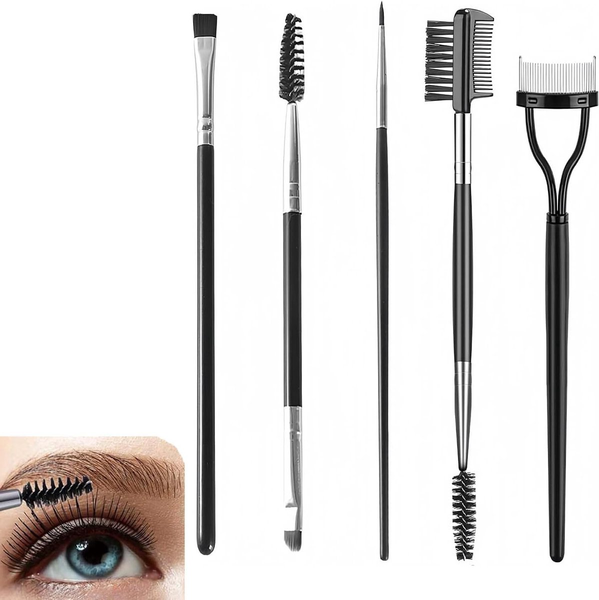 Set van 5 Professionele Oogmake-up Tools: Wimperborstels, Eyeliner Borstels en Wenkbrauw Borstels