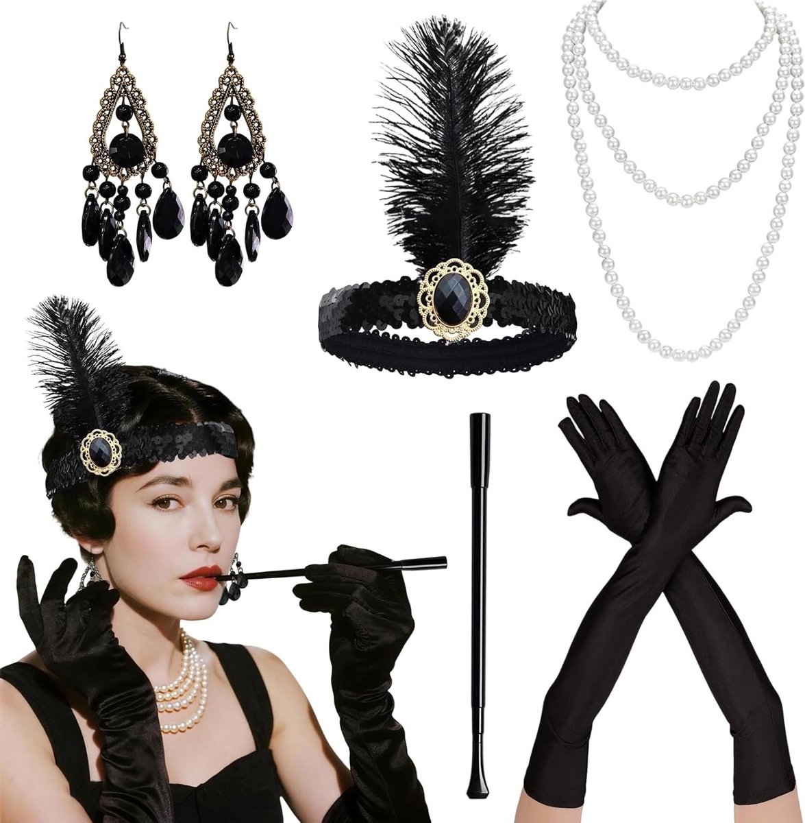 Vijfdelige jaren '20 flapper accessoires set voor vintage Halloween kostuum met haarband, handschoenen, parelketting en oorbellen