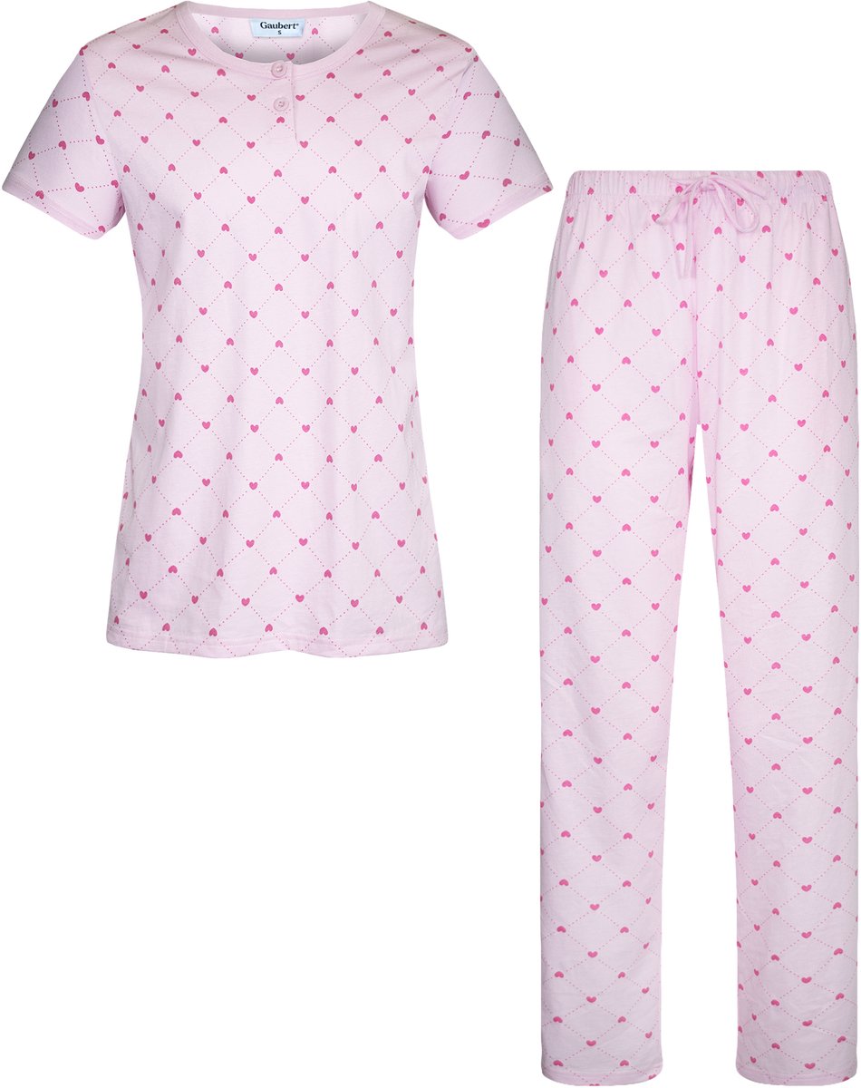 GAUBERT ® Essential Dames Pyjama Korte Mouw - Broek met Zakken - Premium Gekamd Katoen - Hartjes - Roze - GB-2813 Korte Mouw Pyjama, Roze, Hartjes