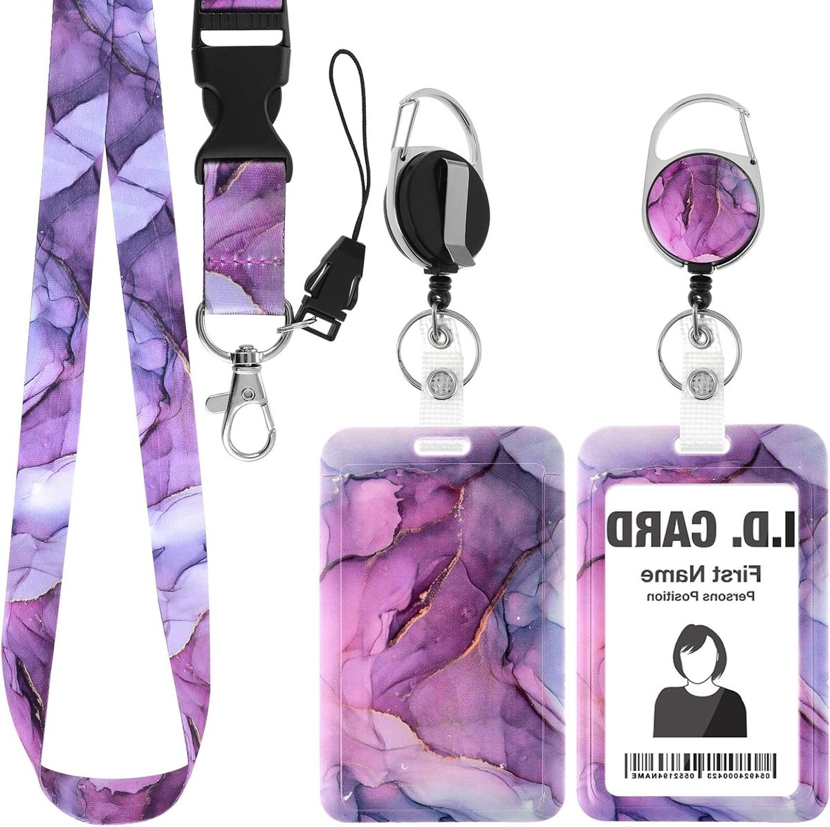 Lanyard met Marmerprint, ID Kaarthouder van Plastic met Retractable Koord en Verticale Bescherming voor Identiteitskaarten (Paars)