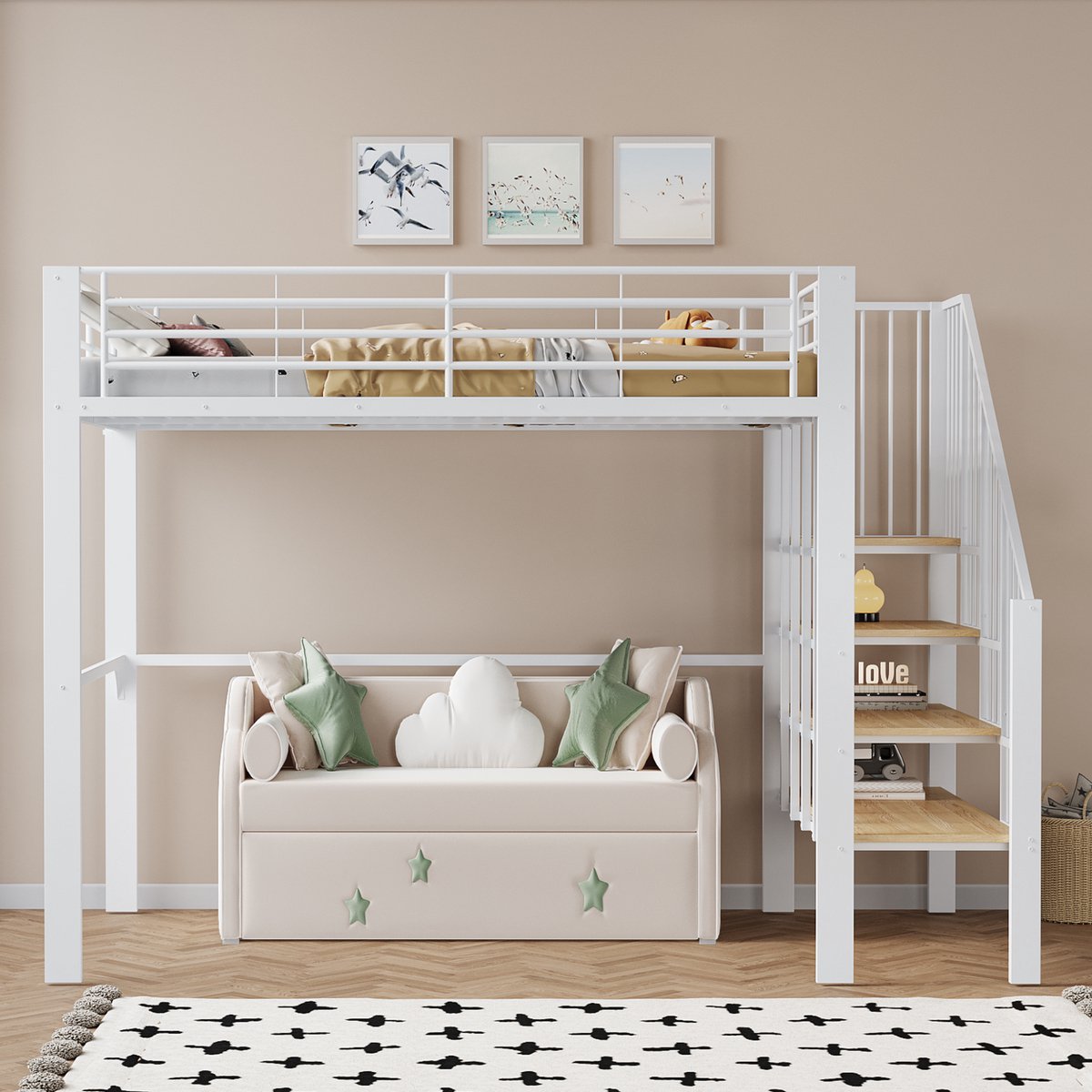 VVBV Hoogslaper 140x200 / Hoogslaper met trap / Kinder hoogslaper – met Opbergruimte – Metaal – Wit – Opbergtrap – Metalen Frame White