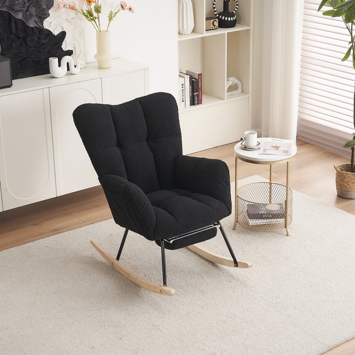 MODENUIT Schommelstoel 80 x 98 x 98,5 cm - Uitschuifbare Voetsteun en Hoge Rugleuning - Woonkamer - Teddy Zwart