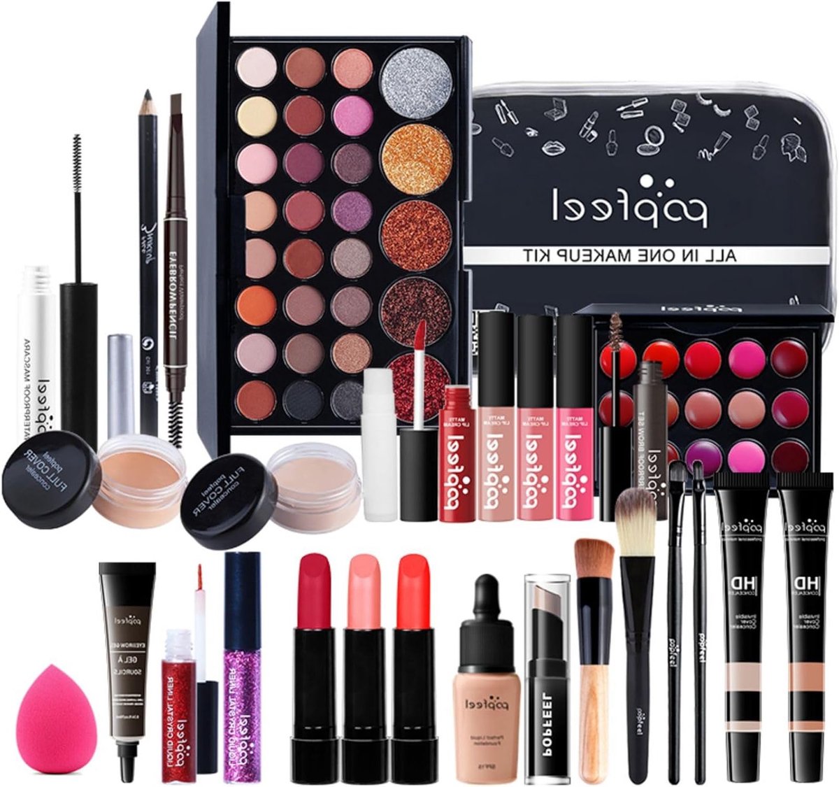 Complete 28-delige Make-up Set met Oogschaduw Palet, Lippenstift, Borstels en Toilettas voor een Professionele Look