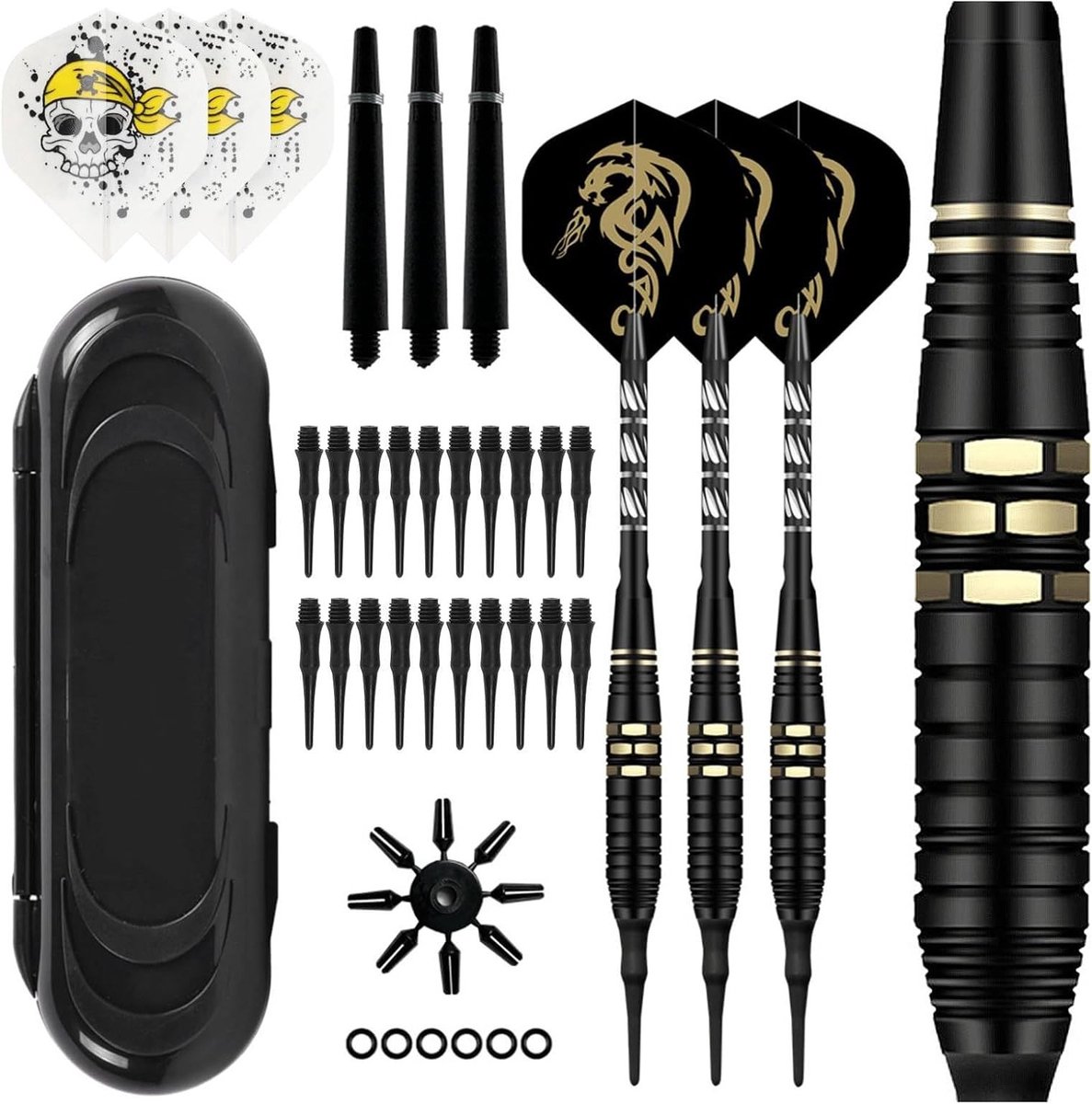 Professionele set van 3 zachte darts met plastic punt voor elektronische dartborden, 18 g met extra dartpunten en rubberen ringen