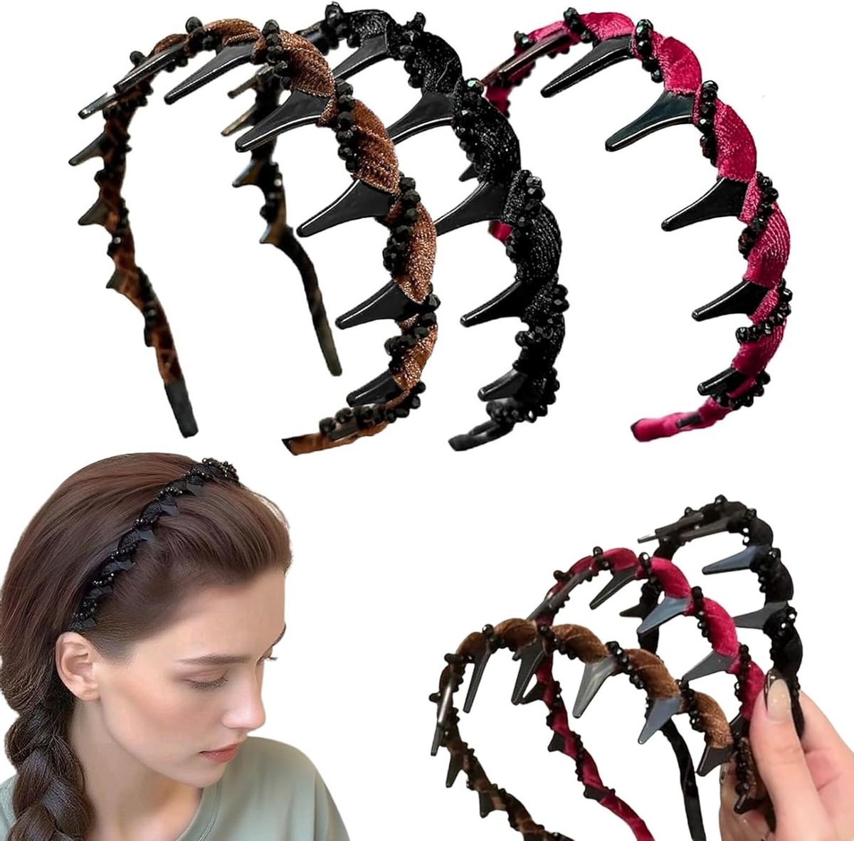 Set van 3 Fluwelen Haarbanden met Zwarte Kristallen - Dieprood, Bruin & Zwart, Luxe Haaraccessoires voor Vrouwen, Antislip Haarbanden voor Bruiloften en Feesten