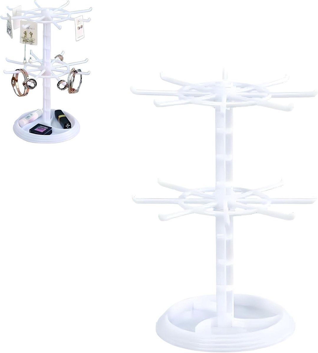 Elegante Swivel Sieradenstandaard met 2 Niveaus voor Armbanden, Ringen en Oorbellen in Wit