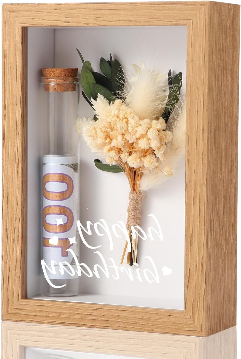 Verjaardagscadeau Box met Gedroogde Bloemen, Houten Doos en Plastic Proefbuis - Creatieve Geldcadeaus voor Mannen en Vrouwen