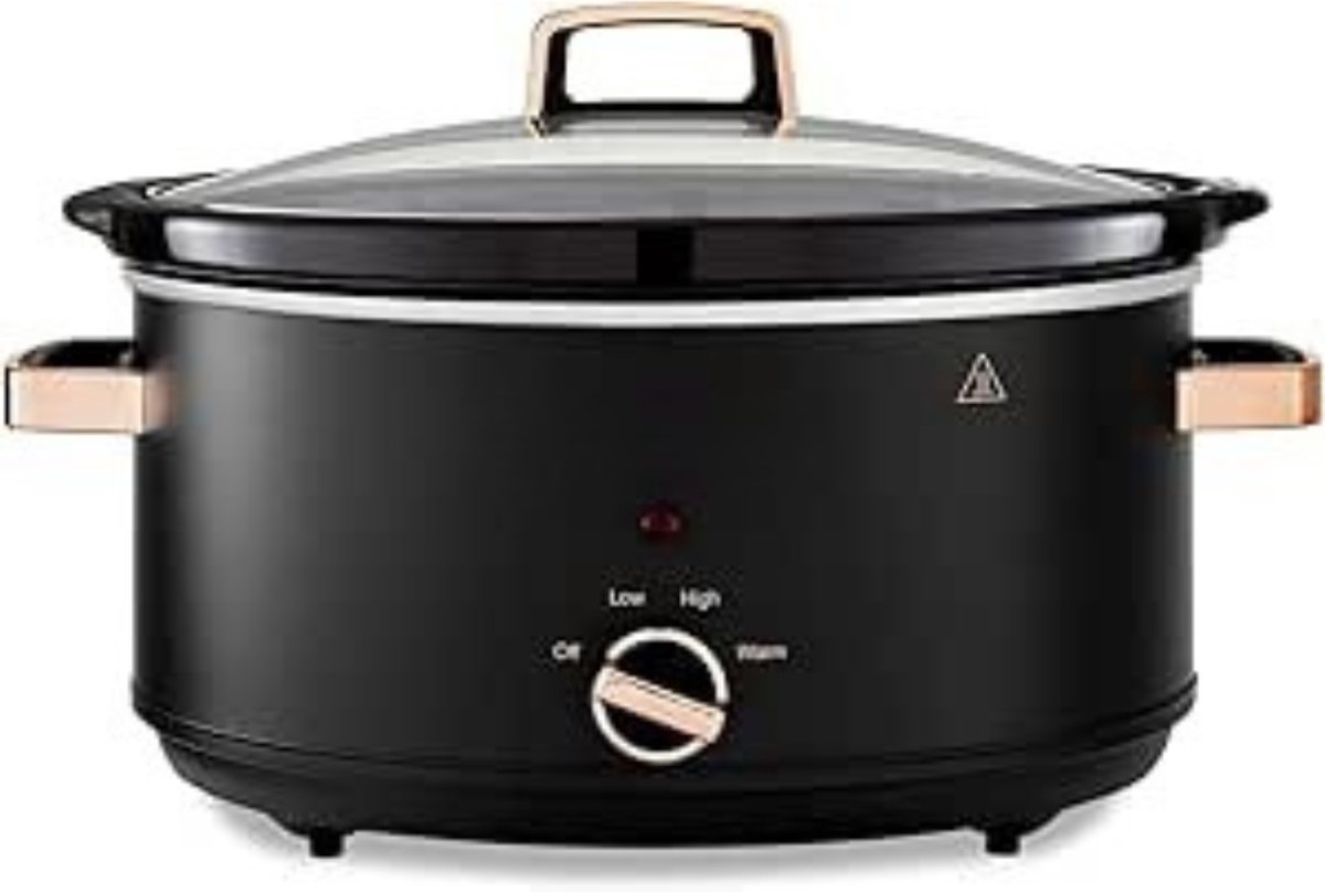 RUX® Slowcooker met Timer - Crockpot - Snelkookpan - Inclusief Warmhoudfunctie - 6 Liter - Zwart/Roségoud - 30cm x 42cm x 26cm