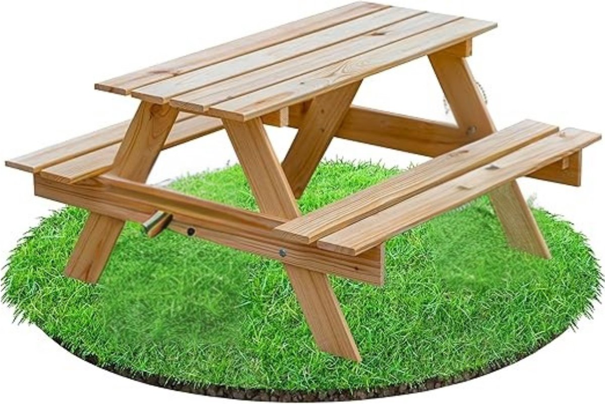 Verte Kinder Picknicktafel - Houten Picknicktafelset voor Kinderen – 2 Bankjes – Naturel – Zitgroep voor Binnen en Buiten
